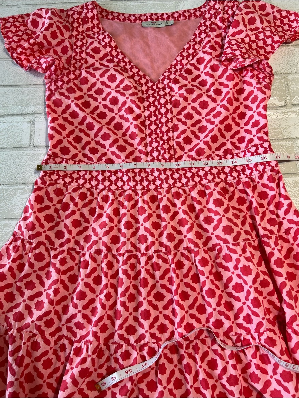 Vineyard Vines Pink & Red Geometric V-Neck Dress Size Small Preppy Vacation - Picture 7 of 10